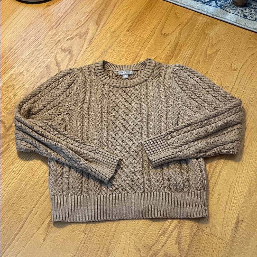 J.Crew Cable-Knit Puff-Sleeve Crewneck Sweater Size M BS978 tan/camel